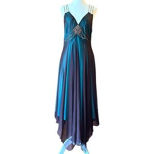 Nicole Miller Beaded Mesh Handkerchief Asymmetrical Blue Brown Dress 8 Medium
